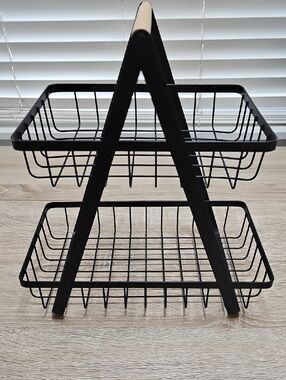 Two-Tier Black Metal Wire Basket Stand